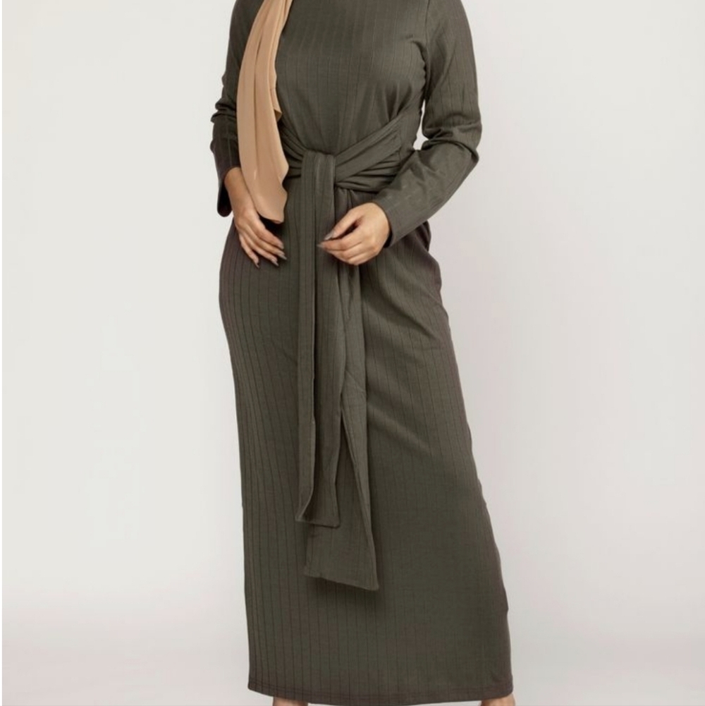 Ribbed Tie Waist Maxi Dress - Dark Sage
